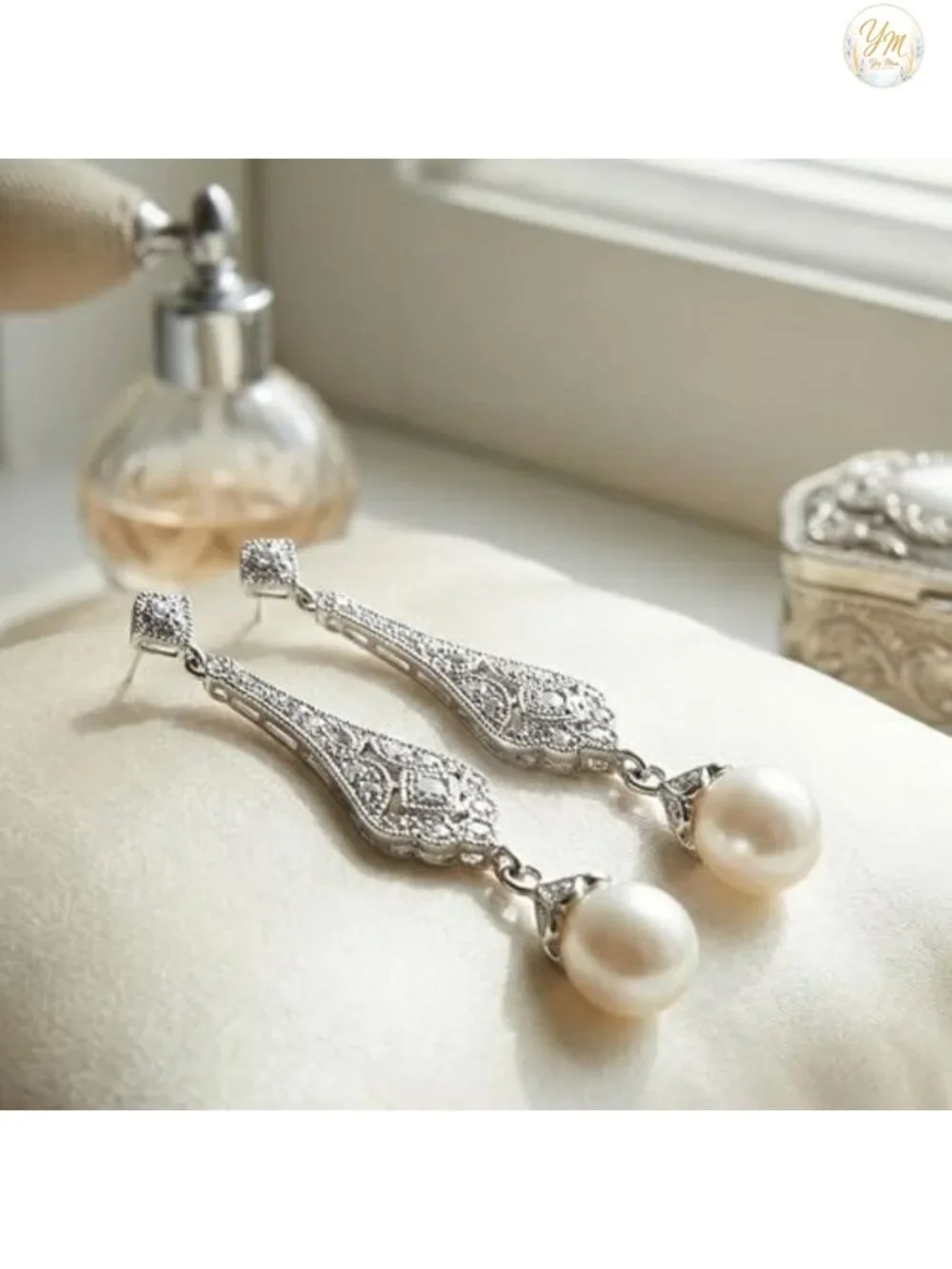 Cubic Zirconia Freshwater Pearl Dangle Earrings Wedding Bridal Vintage Art Deco